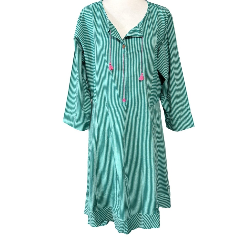 Global Desi Women's 2XL Green Striped V-Neck Boho Swing Cotton Midi Dress‎